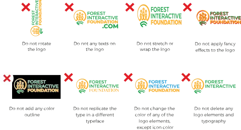 Examples of logo misuse, each crossed out.